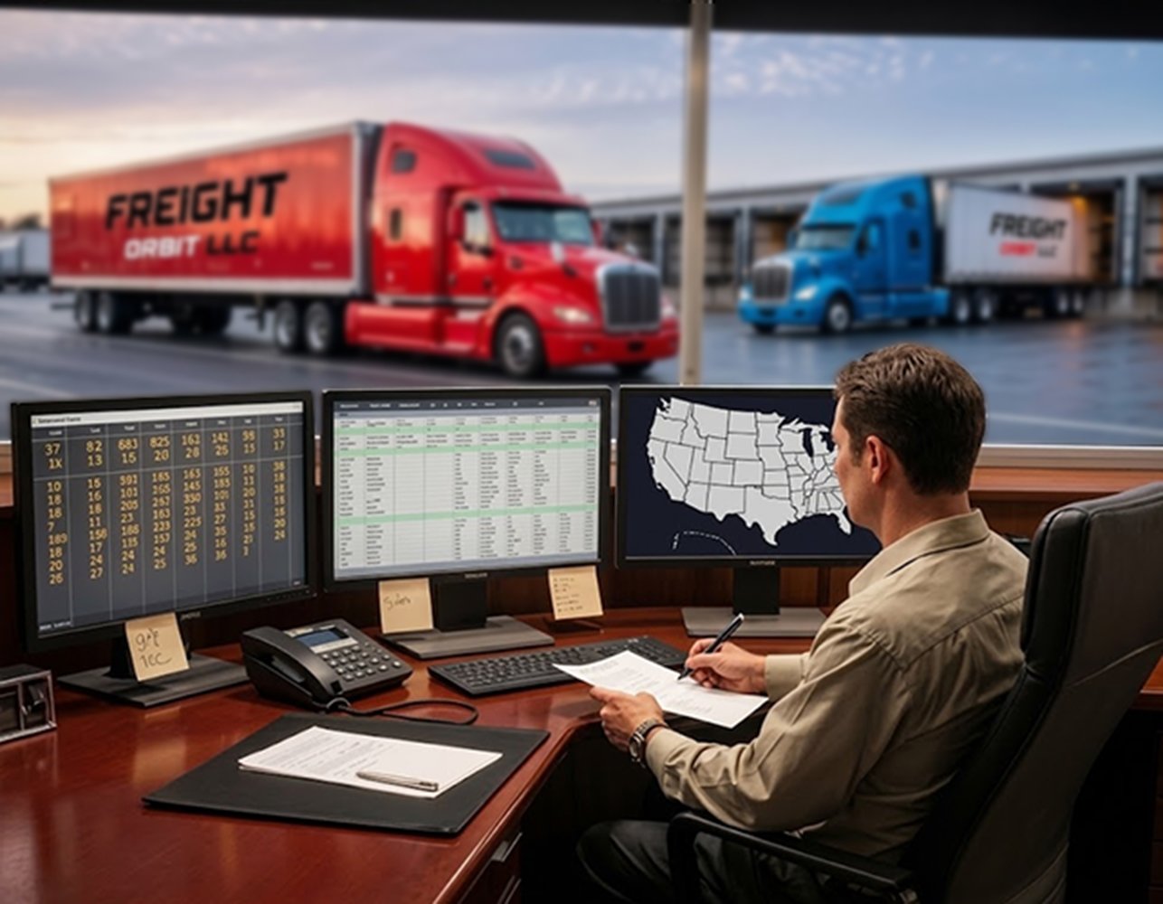 Freight Orbit dispatch office overlooking branded trucks